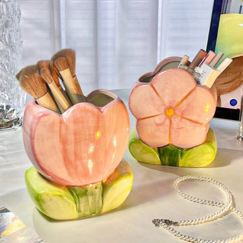Ceramic Flower Pen Holder - Cute Girl Style Desktop Decoration, Office Desk Storage Box, Stationery Shelf & Storage Tank